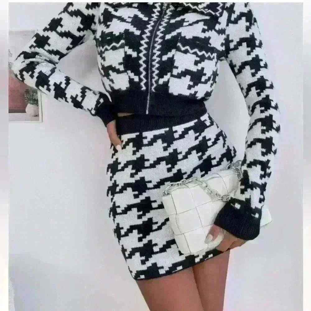 NWT SHEIN houndstooth black and white 2 piece skirt set size - Picture 7 of 7